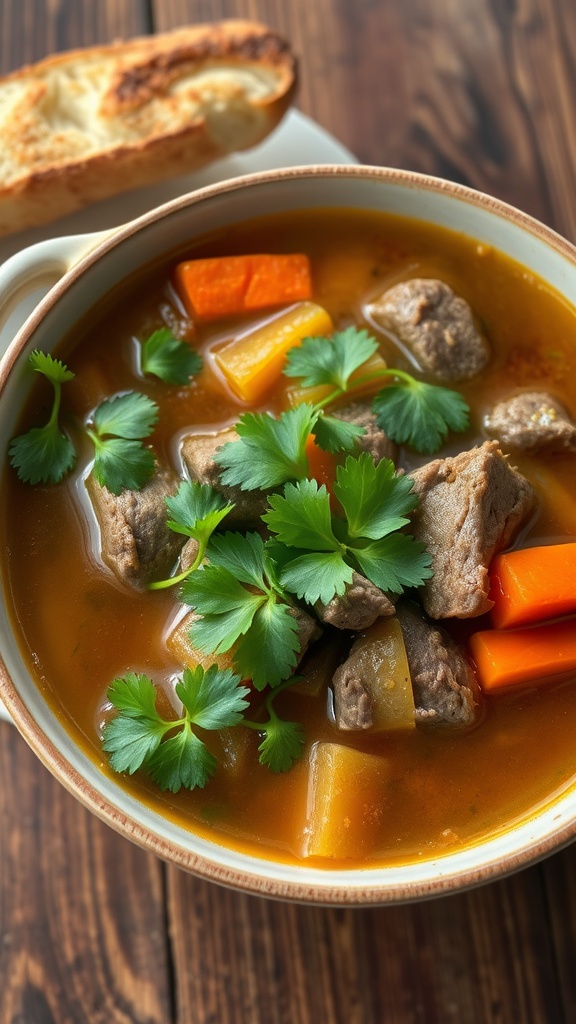 A bowl of Vietnamese beef stew (Bo Kho) with tender beef, carrots, and lemongrass, served with a baguette on a rustic table.